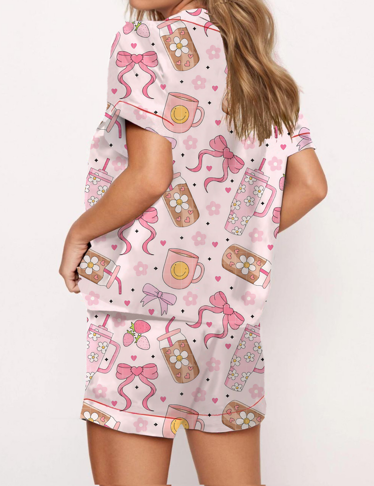 Pink Girly Girl Pattern Satin Pajama Short Set