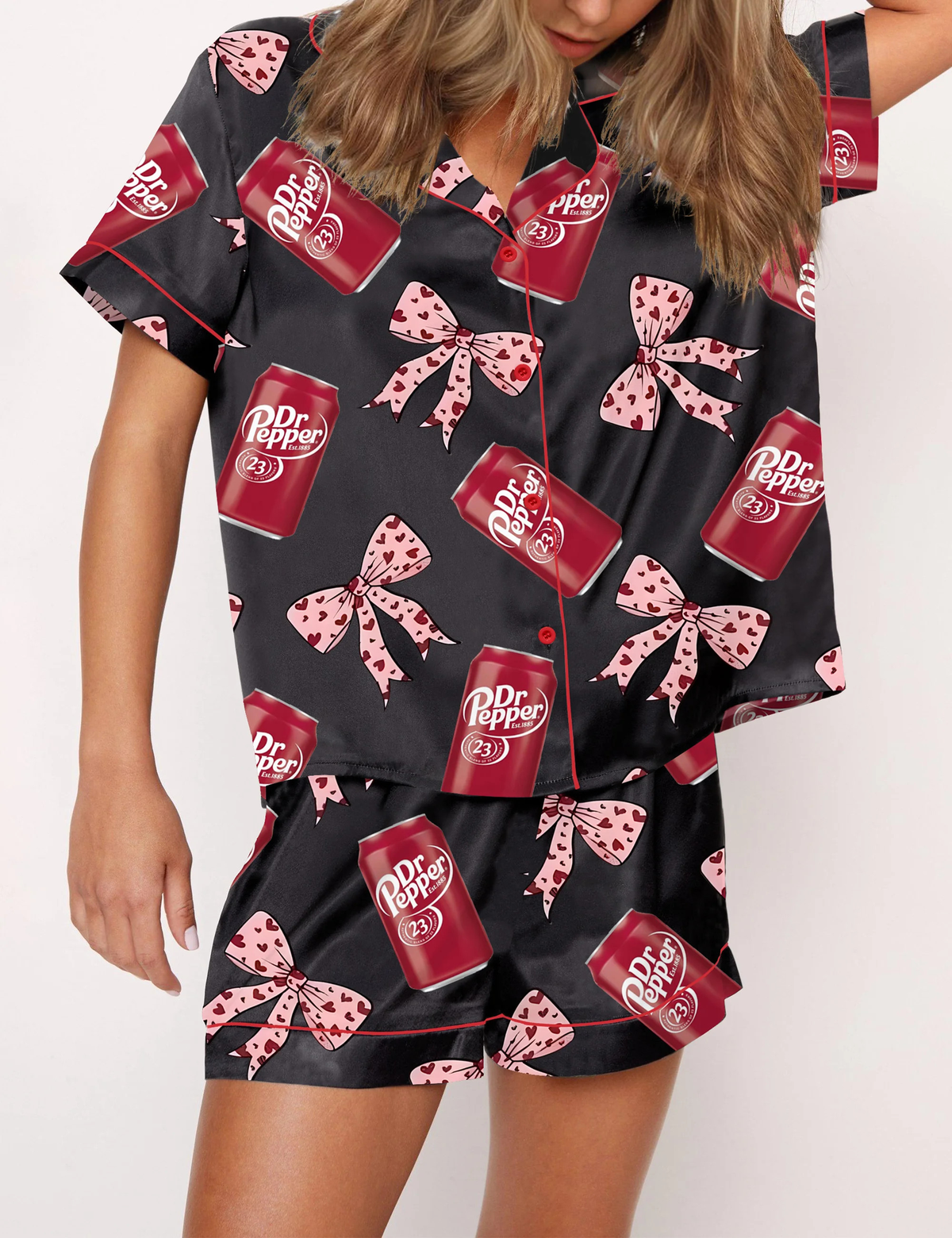 Pepper Drink Pink Coquette Bow Satin Pajama Set For Women	