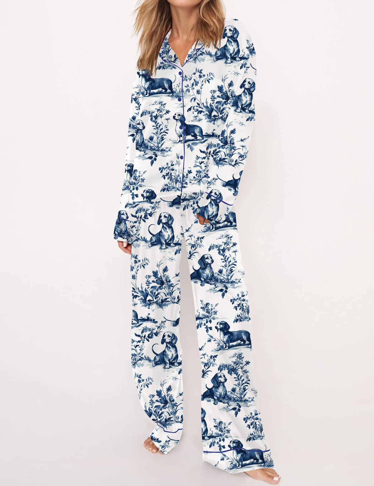 Chinoiserie Dachshund Silky Satin Pajama Set For Women	