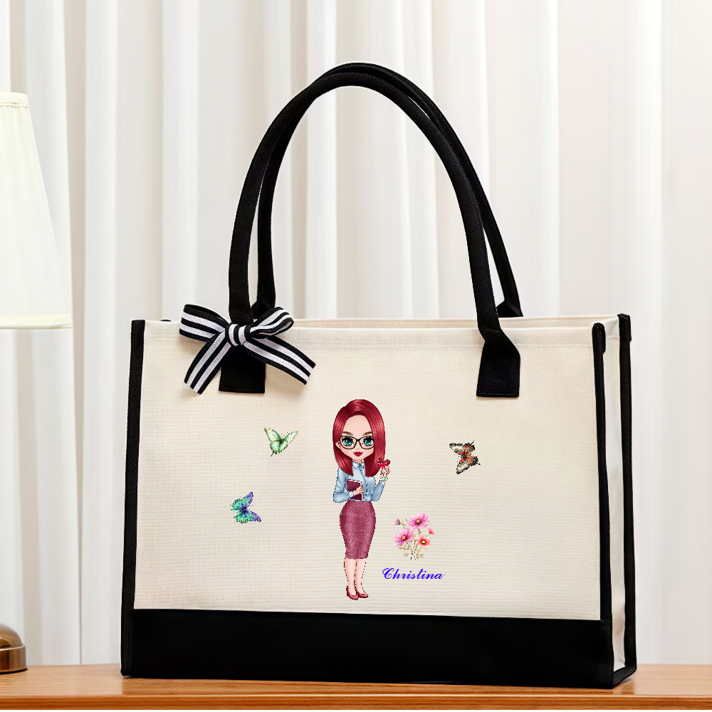 Personalized Birth Flower Bouquet Cartoon Teacher Character Reusable Large Canvas Tote Bag with Name Anniversary Gift for Women Girls