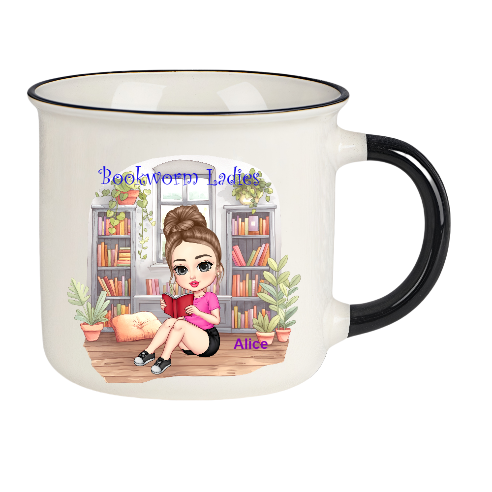 Personalized Bookworm Ladies Coffee Milk Cup Cartoon Ceramic Mug With Name Birthday Gift for Family Friend Bookworms Book Lovers