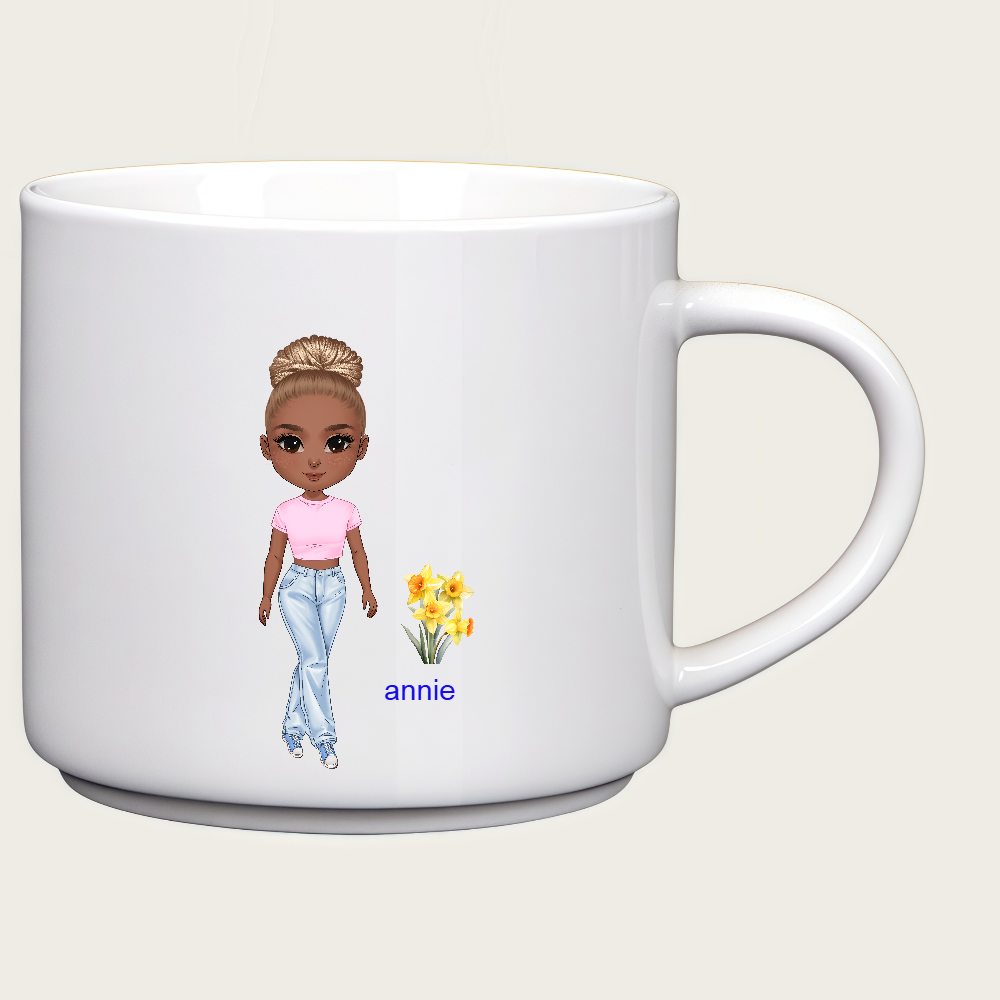 Personalized Cartoon Chibi Girl Coffee Cup Cartoon Ceramic Mug With Birth Flower and Name Birthday Gift for Women