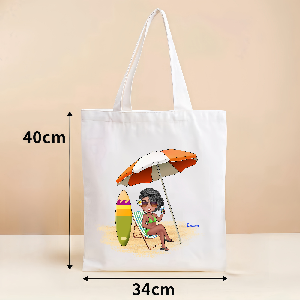 Personalized Cartoon Beach Girl Canvas Bag with Name Beach Party Favor Birthday Gift for Her