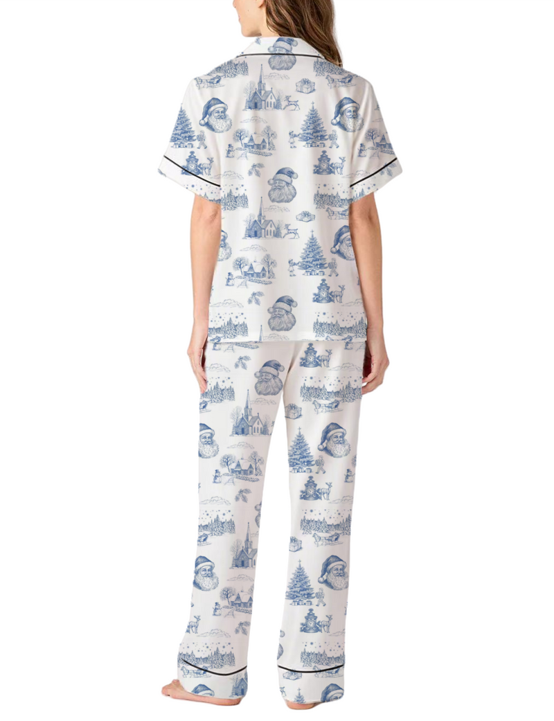 Christmas Vintage Chinoiserie Silky Satin Pajama Pants Set For Women
