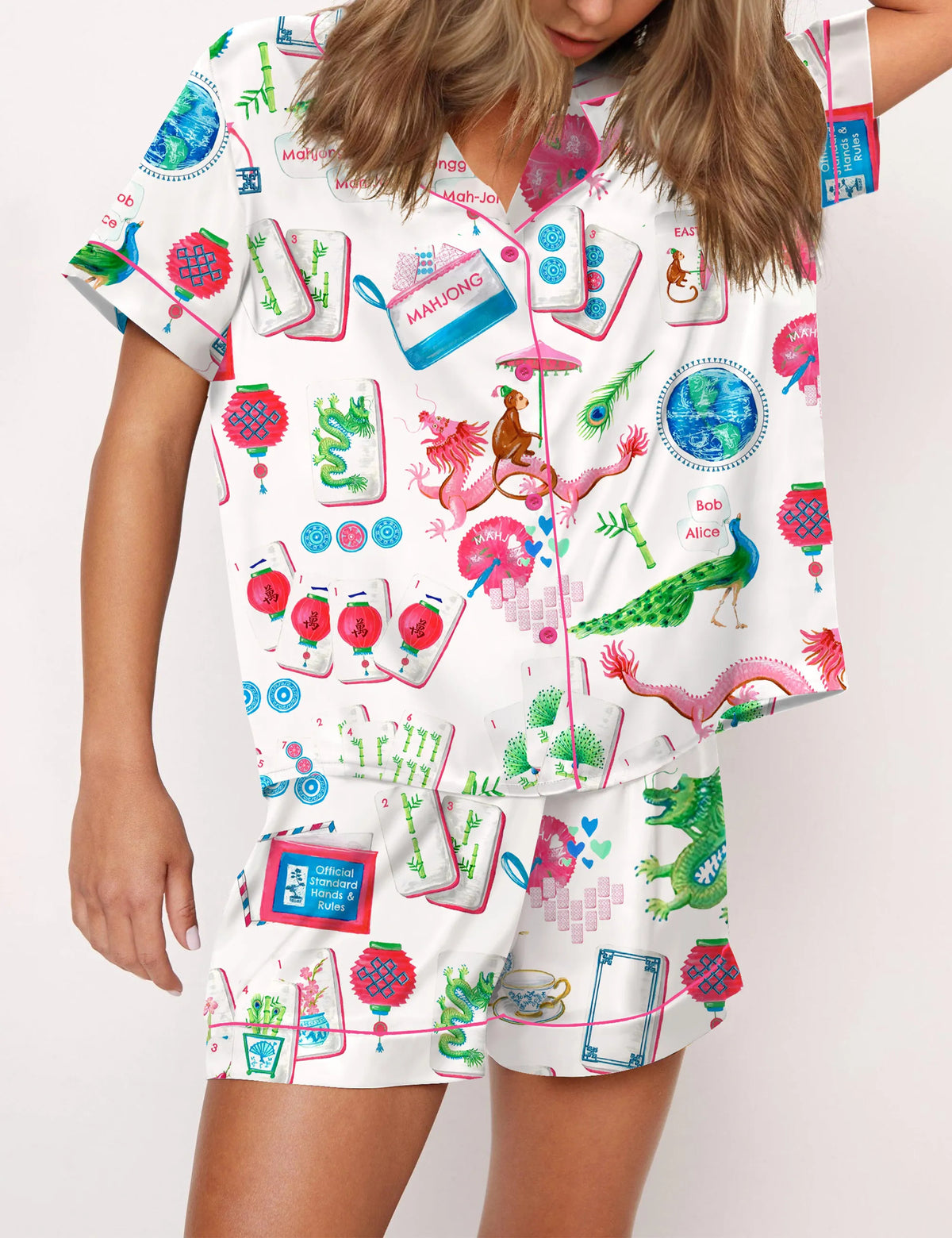 Chinoiserie Mahjong Silky Satin Pajama Set For Women	