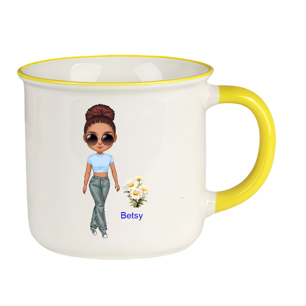 Personalized Cartoon Chibi Girl Coffee Cup Cartoon Ceramic Mug With Birth Flower and Name Birthday Gift for Women