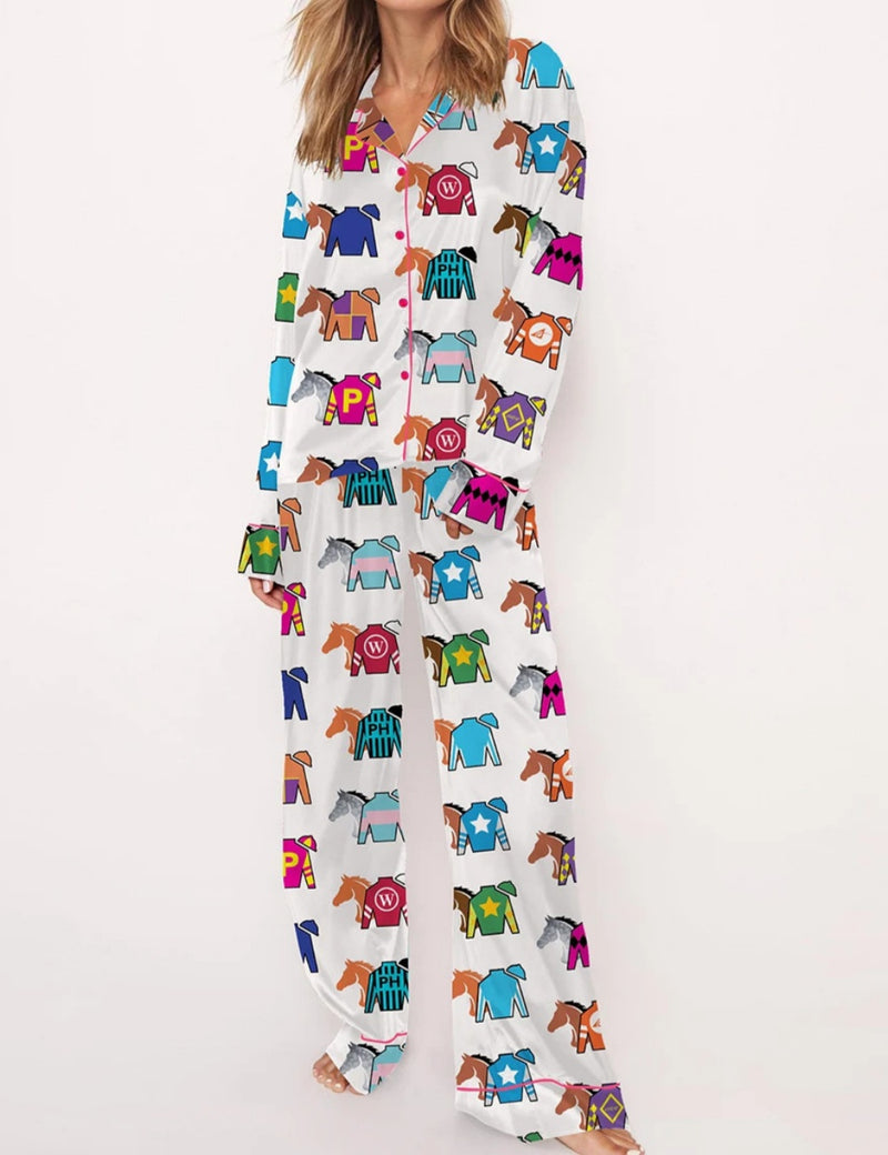Kentucky Derby Contenders Colorful Jockey Horse Racing Satin Pajama Set	