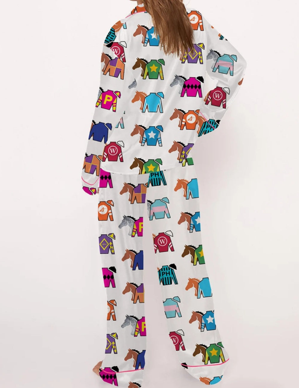 Kentucky Derby Contenders Colorful Jockey Horse Racing Satin Pajama Set	