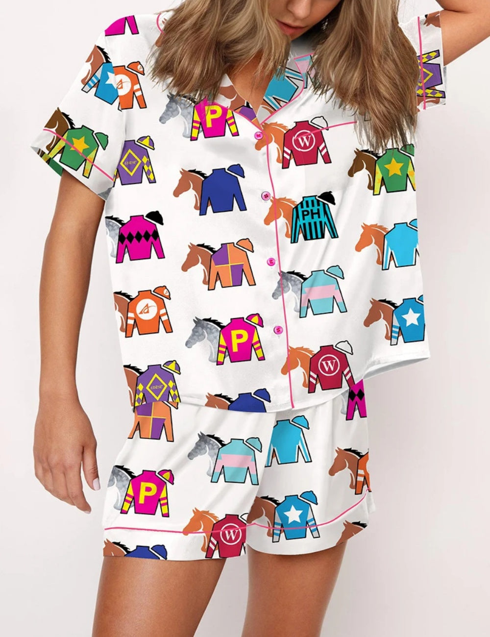 Kentucky Derby Contenders Colorful Jockey Horse Racing Satin Pajama Set	