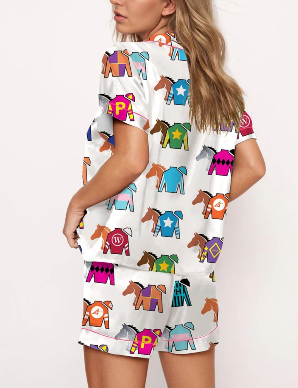 Kentucky Derby Contenders Colorful Jockey Horse Racing Satin Pajama Set	