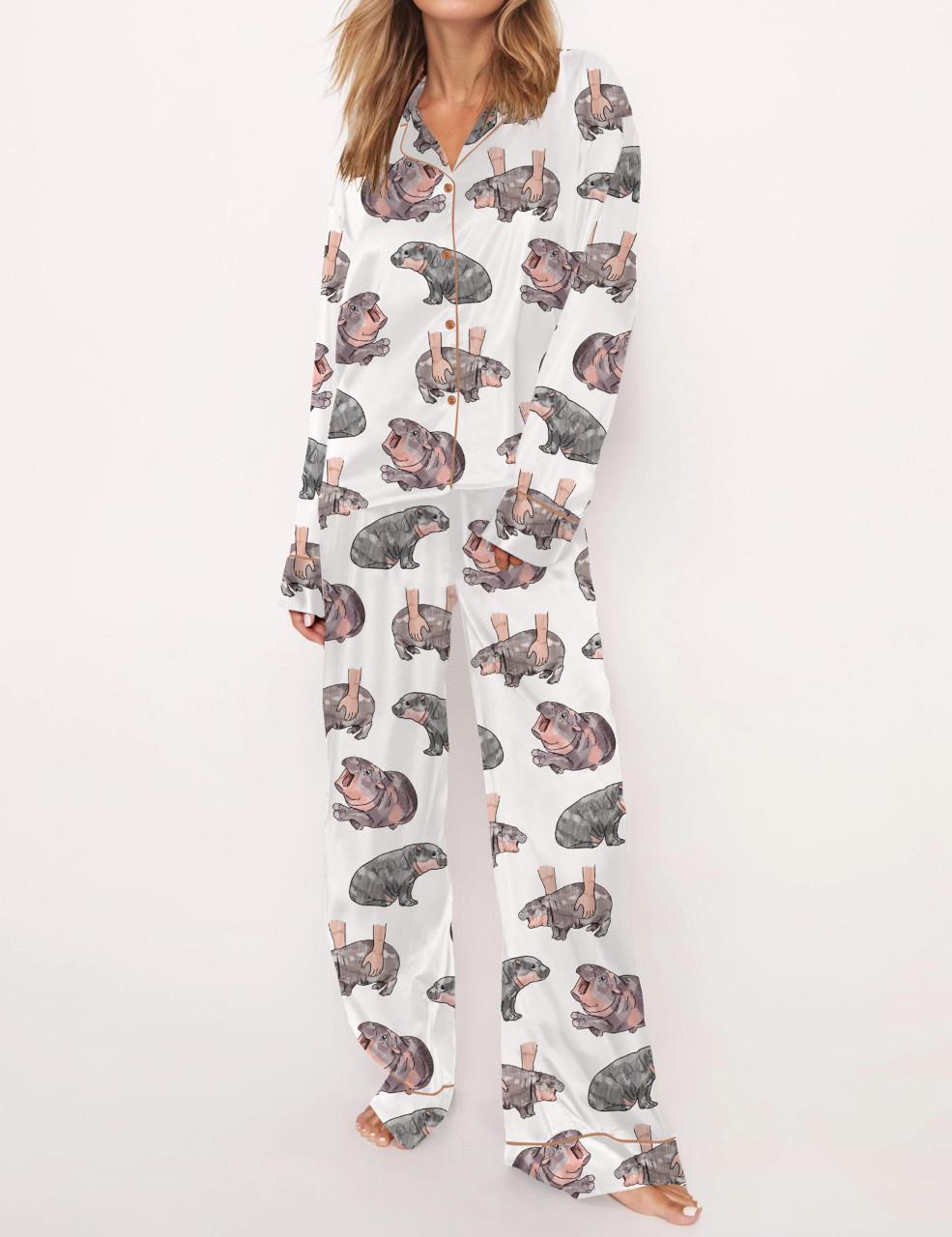 Moo Deng Baby Hippo Satin Pajama Set For Women	