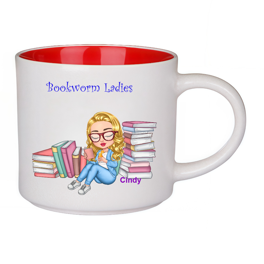Personalized Bookworm Ladies Coffee Cup Cartoon Ceramic Mug With Name Birthday Gift for Family Friend Bookworms Book Lovers