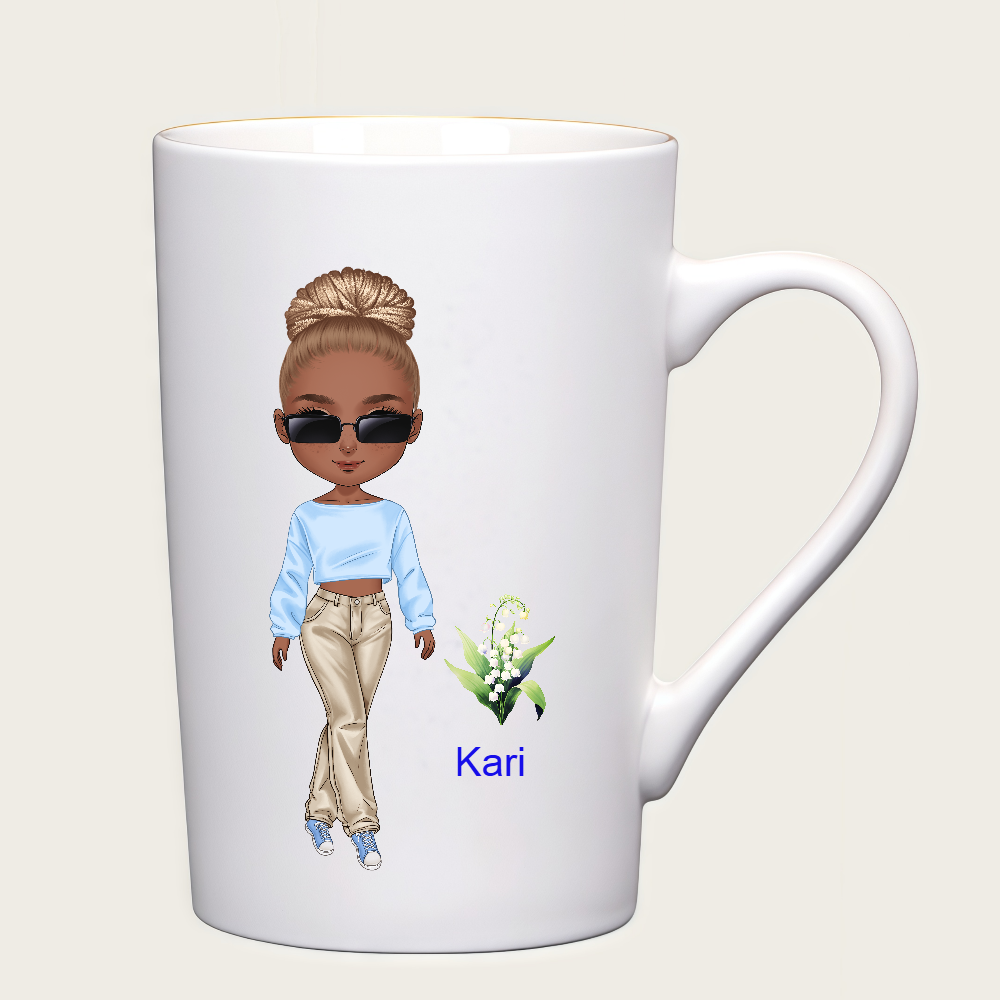 Personalized Cartoon Chibi Girl Coffee Cup Cartoon Ceramic Mug With Birth Flower and Name Birthday Gift for Women