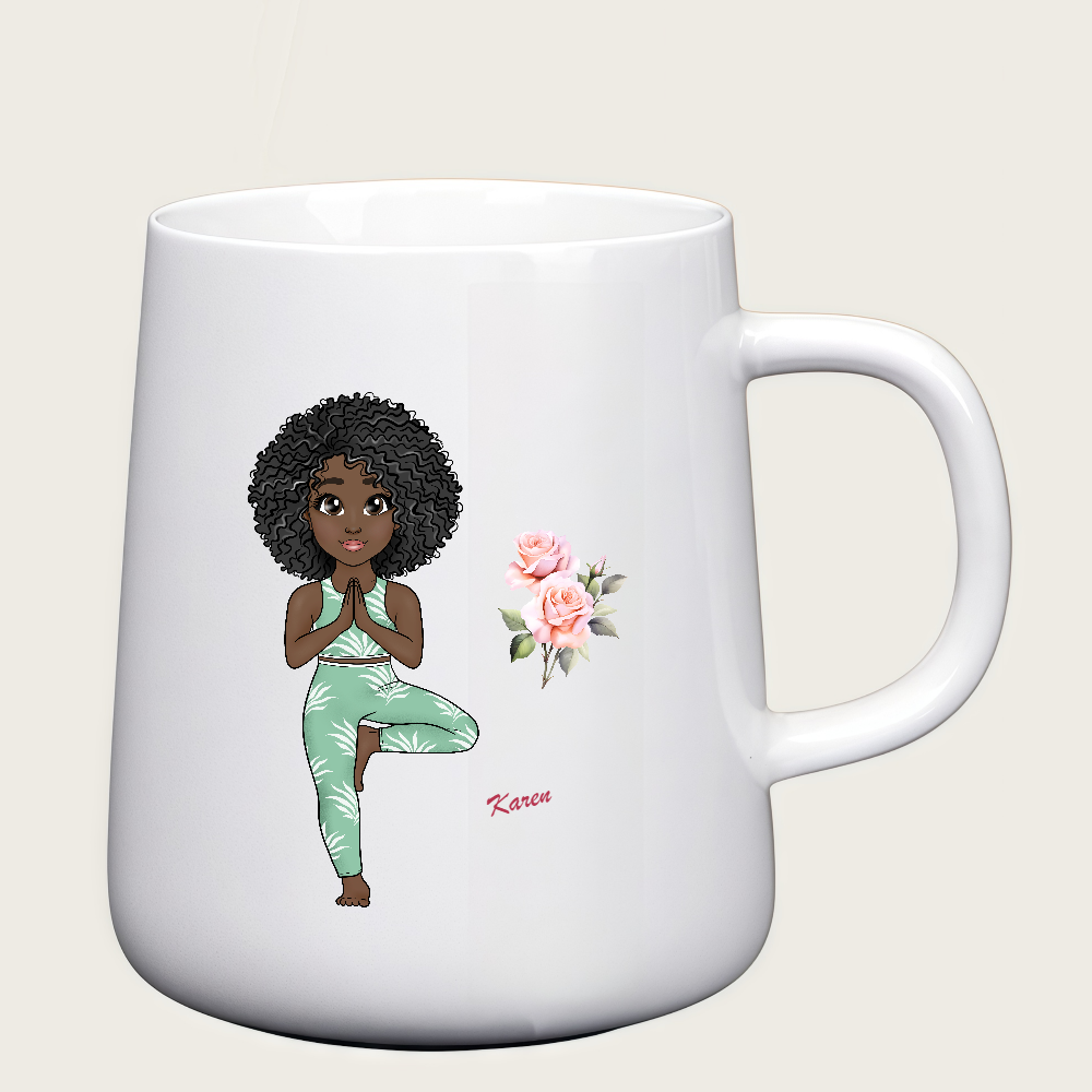 Personalized Cartoon Sports Yoga Fitness Girl Coffee Cup Cartoon Ceramic Mug With Birth Flower and Name Birthday Gift for Women