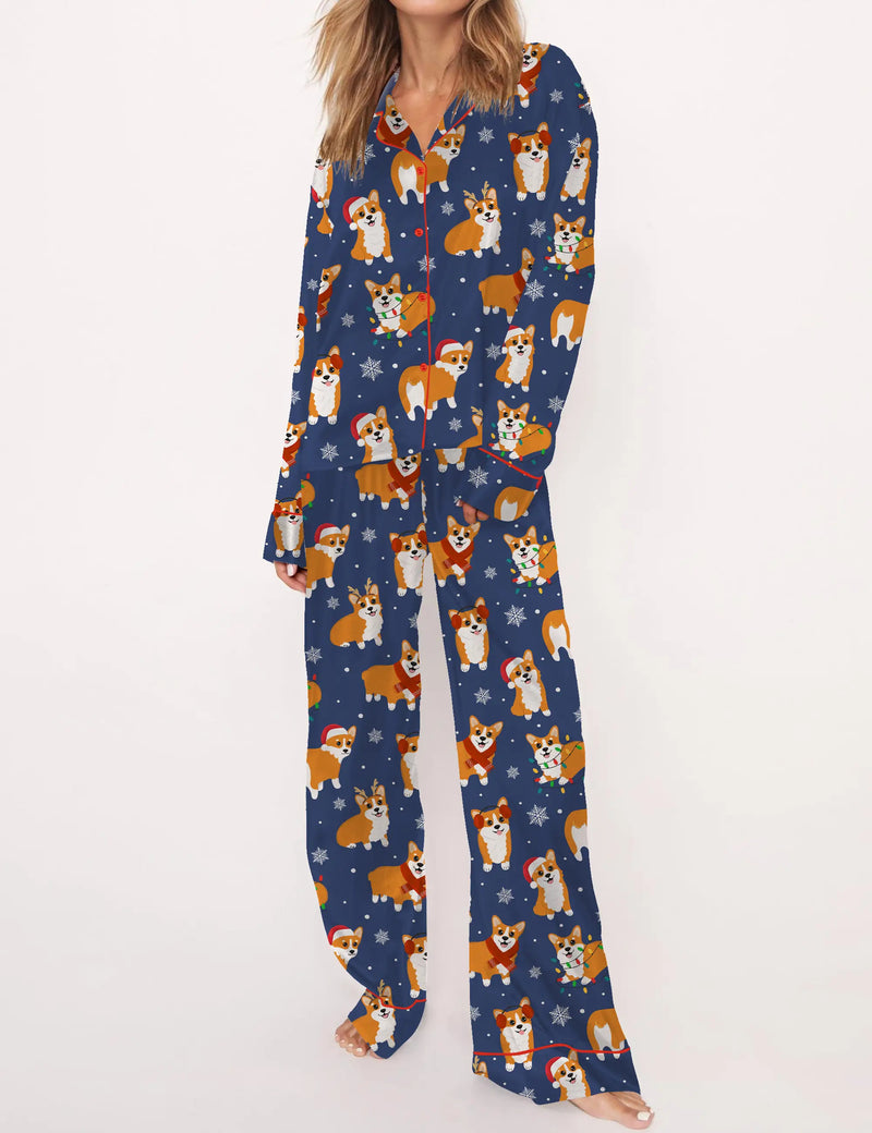 Corgi Christmas Silky Satin Pajama Set For Women	