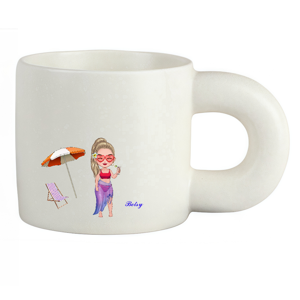 Personalized Cartoon Beach Girl Coffee Cup Ceramic Mug With Chubby Big Ear Birthday Gift for Her