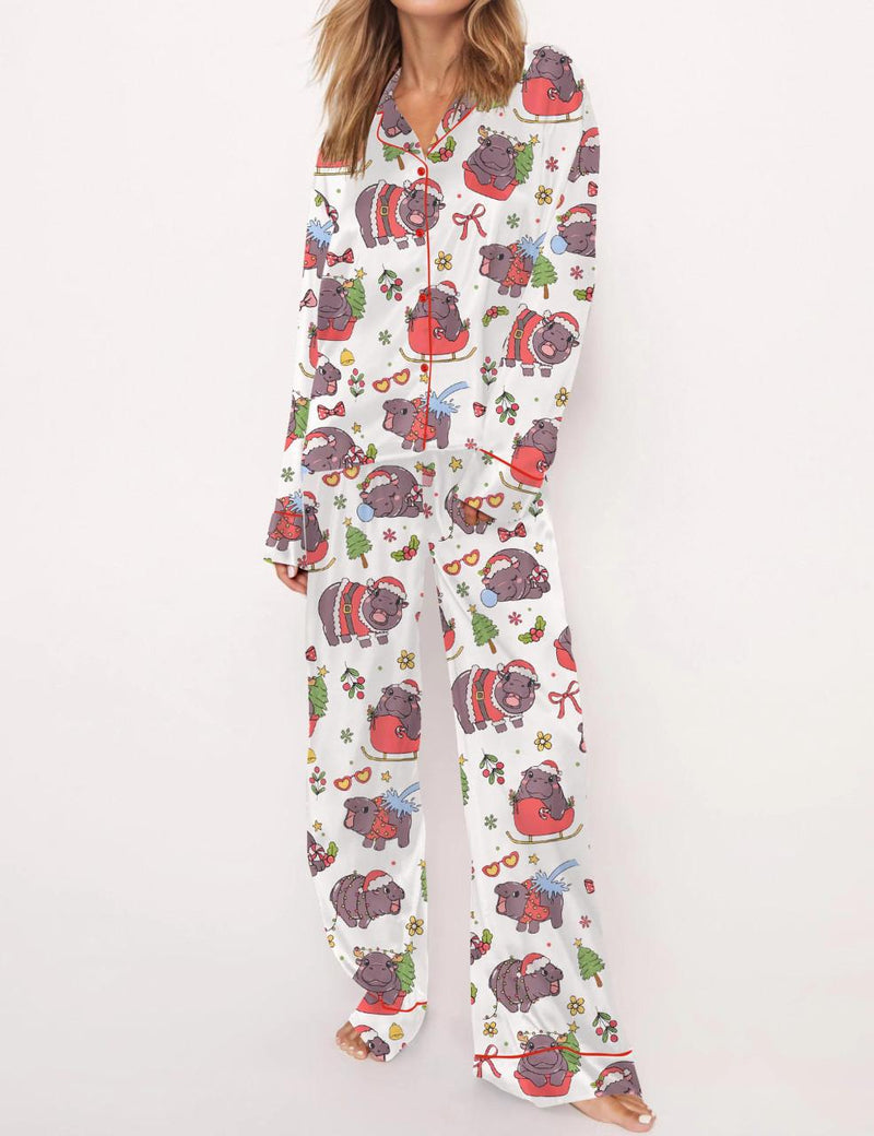 Moo Deng Christmas Satin Pajama Set For Women	