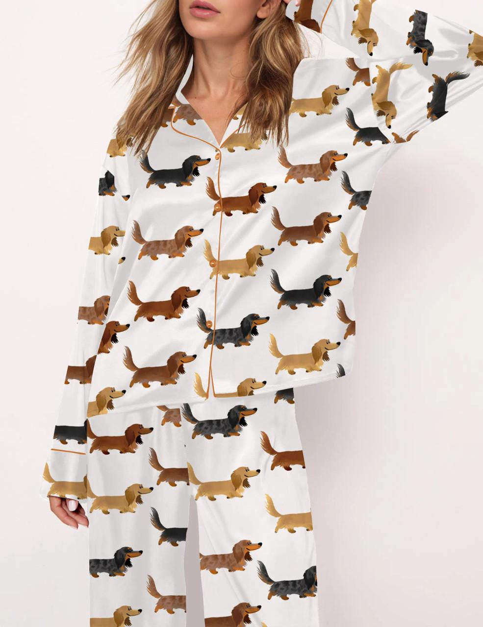 Longhaired Dachshund Print Satin Pajama Set	