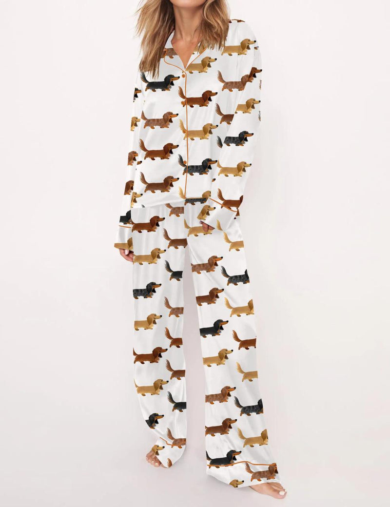 Longhaired Dachshund Print Satin Pajama Set	