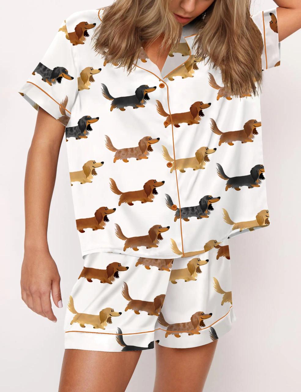 Longhaired Dachshund Print Satin Pajama Set	