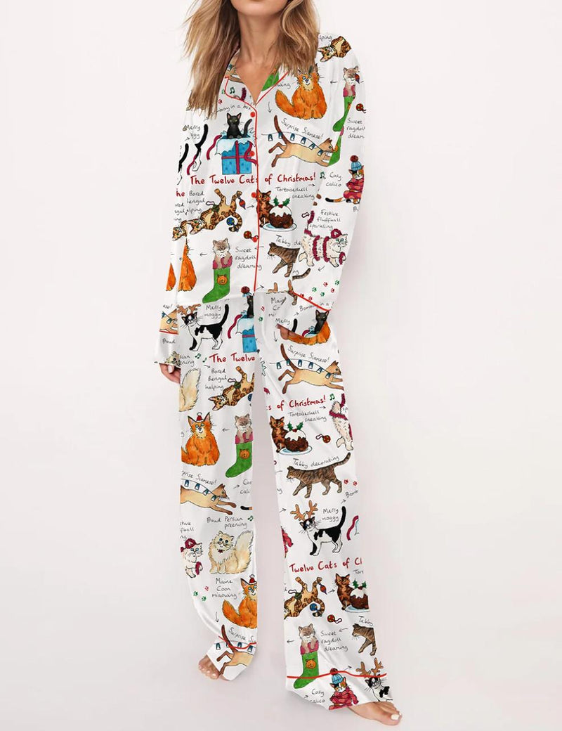 The Twelve Cats Of Christmas Silky Satin Pajama Set For Women	