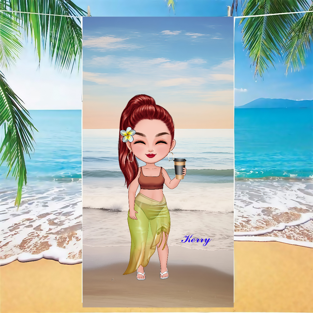 Personalized Cartoon Women Girl Soft Quick Dry Beach Towel with Name Vacation Beach Accessories Gift for Friend