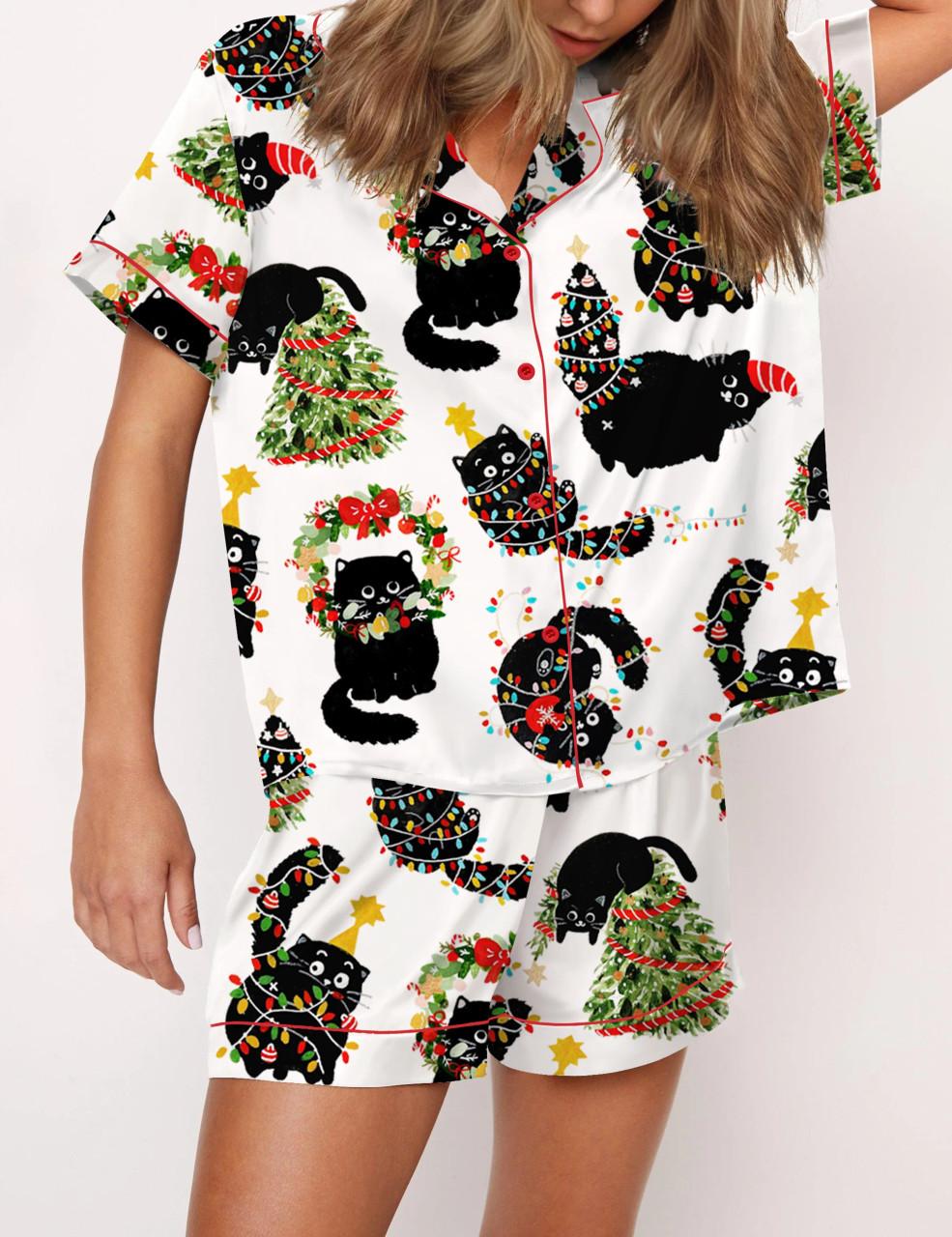 Christmas Black Cat Satin Pajama Set For Women	