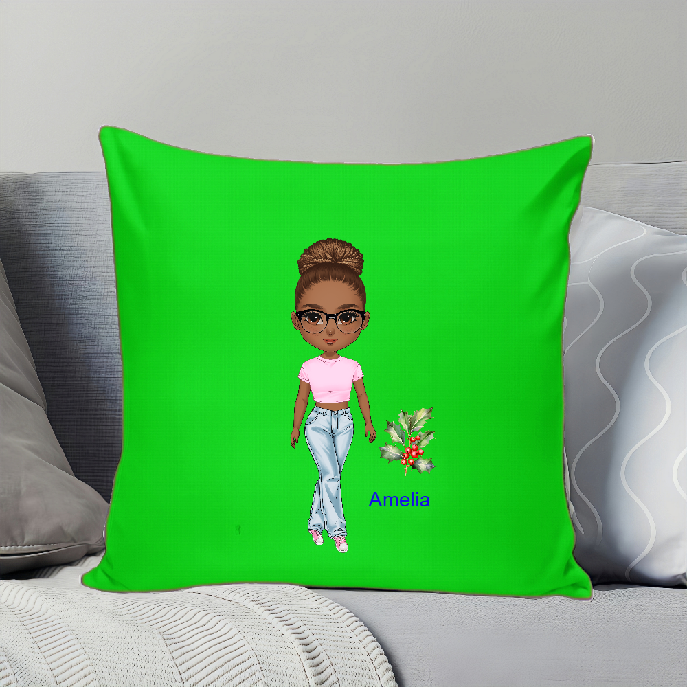 Personalized  Cartoon Character Girl Soft Throw Pillow Cover with Name Birth Flower Gift for Sisters Friends