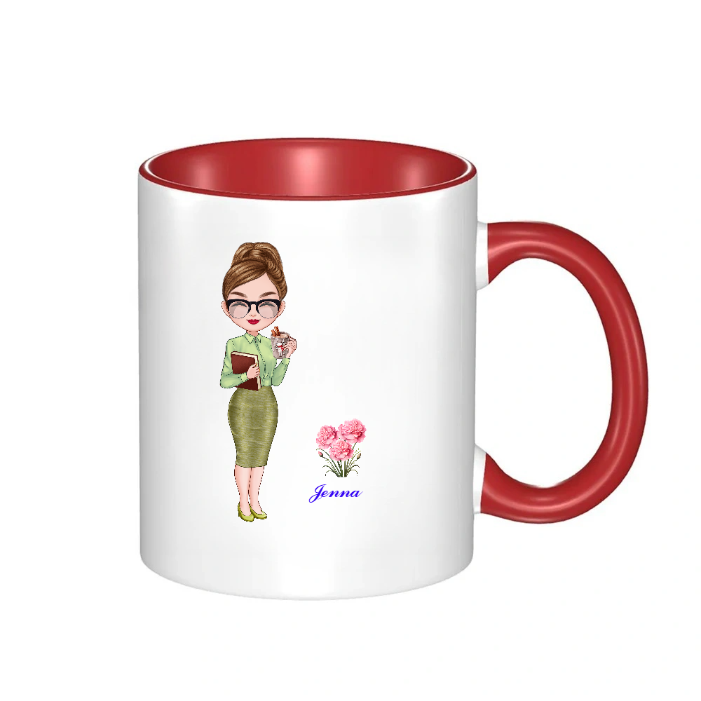 Personalized Teacher Coffee Cup Cartoon Ceramic Mug with Birth Flower and Name Back to School Appreciation Gift for Teacher