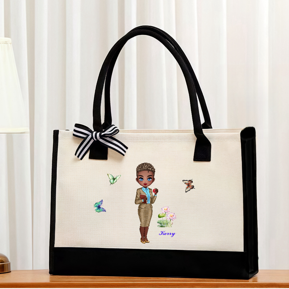 Personalized Birth Flower Bouquet Cartoon Teacher Character Reusable Large Canvas Tote Bag with Name Anniversary Gift for Women Girls