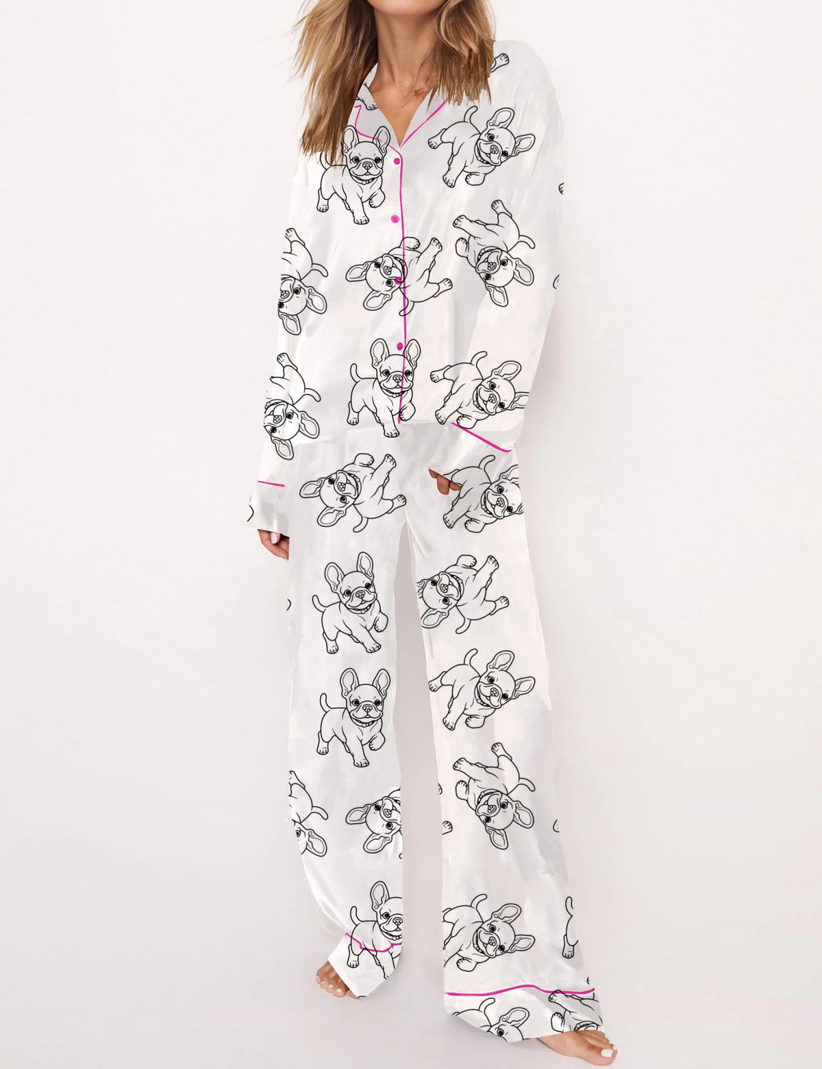 French Bulldog Satin White Pajama Set