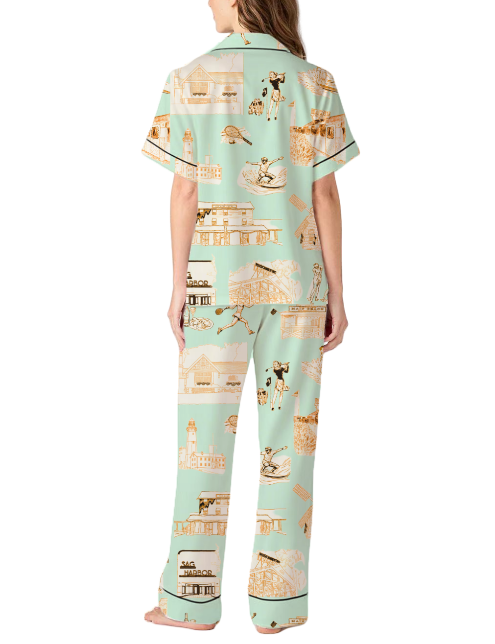 Hamptons Toile Silky Satin Pajama Pants Set For Women
