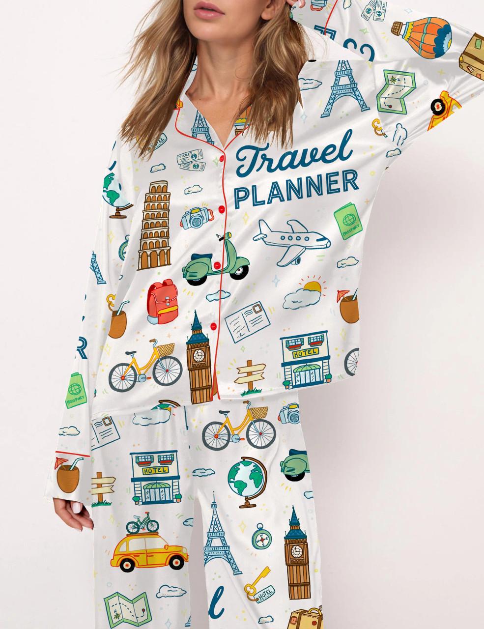 Travel Planner Satin Pajama Set For Women	