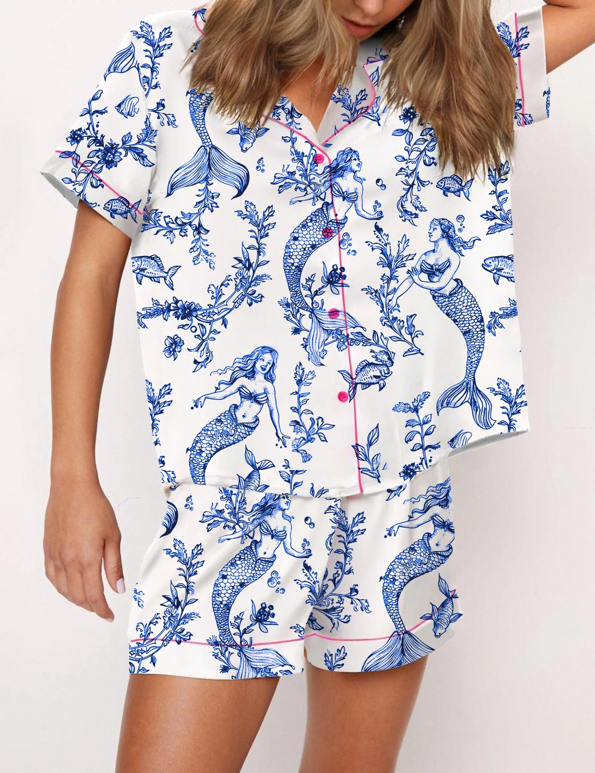 Mermaid Toile Silky Satin Pajama Short Set For Women