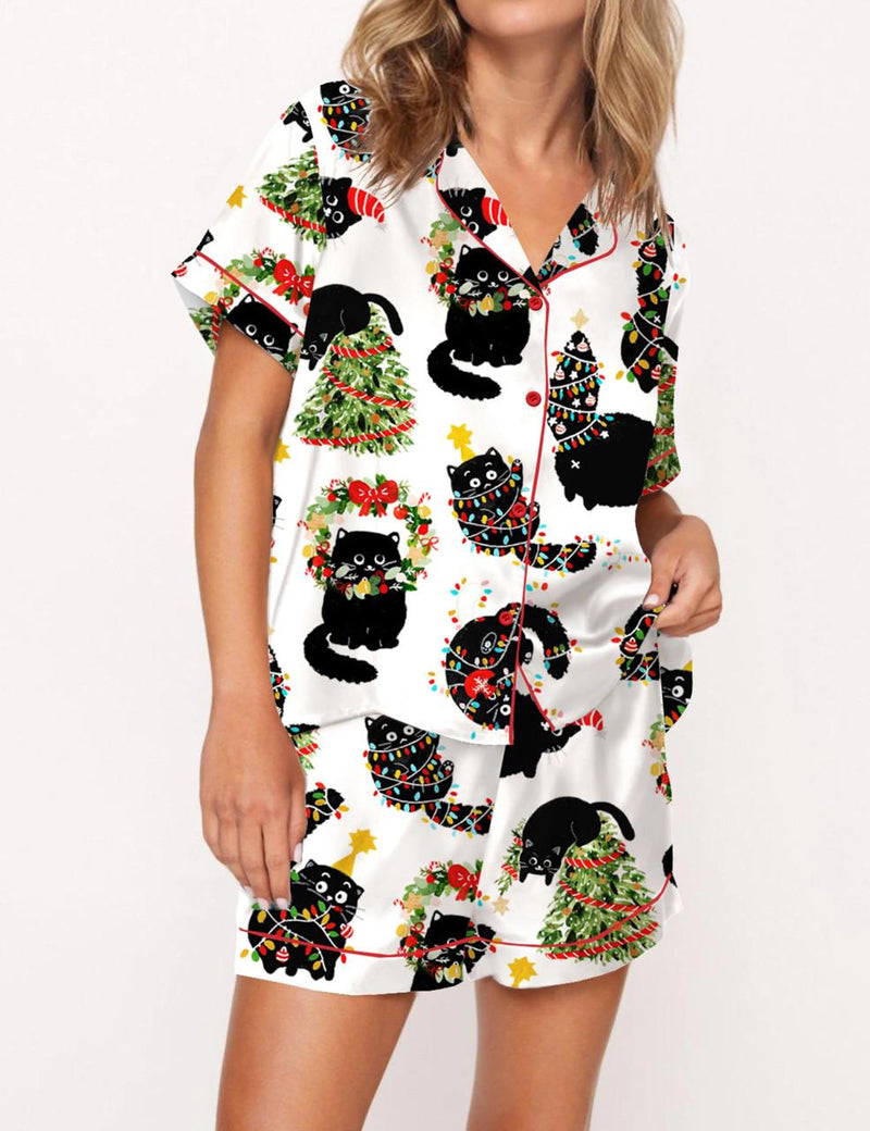 Christmas Black Cat Satin Pajama Set For Women	