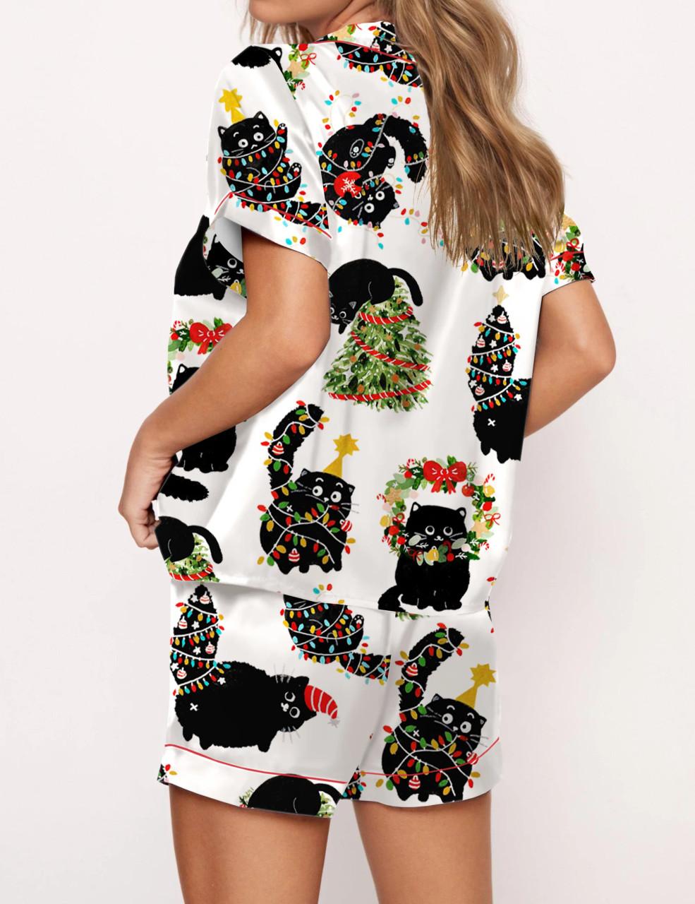 Christmas Black Cat Satin Pajama Set For Women	