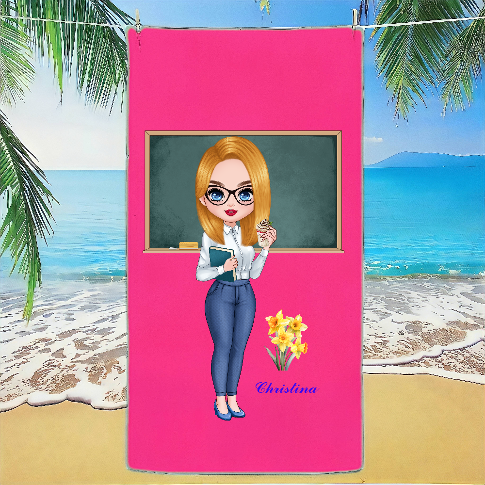 Personalized Multicolor Birth Flower Cartoon Teacher Soft Quick Dry Beach Towel with Name Vacation Beach Accessories Back to School Teacher's Day Gift for Teacher