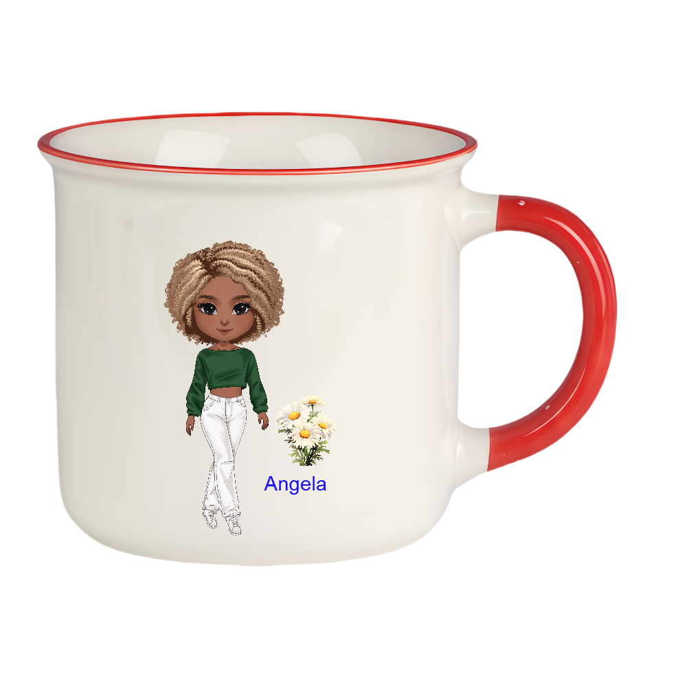Personalized Cartoon Chibi Girl Coffee Cup Cartoon Ceramic Mug With Birth Flower and Name Birthday Gift for Women