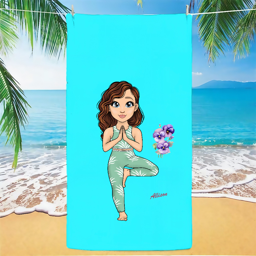 Personalized Multicolor Birth Flower Cartoon Sport Yoga Fitness Girl Soft Quick Dry Beach Towel with Name Vacation Beach Accessories Gift for Friend