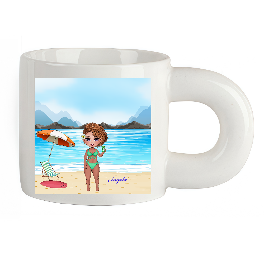 Personalized Cartoon Beach Girl Coffee Cup Ceramic Mug With Chubby Big Ear Birthday Gift for Her
