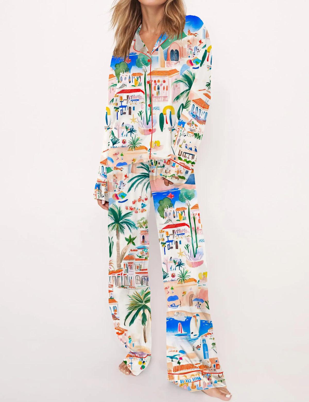 Italian Mediterranean Beach Silky Satin Pajama Set For Women	