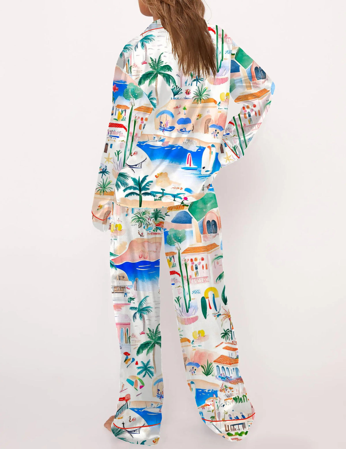 Italian Mediterranean Beach Silky Satin Pajama Set For Women	
