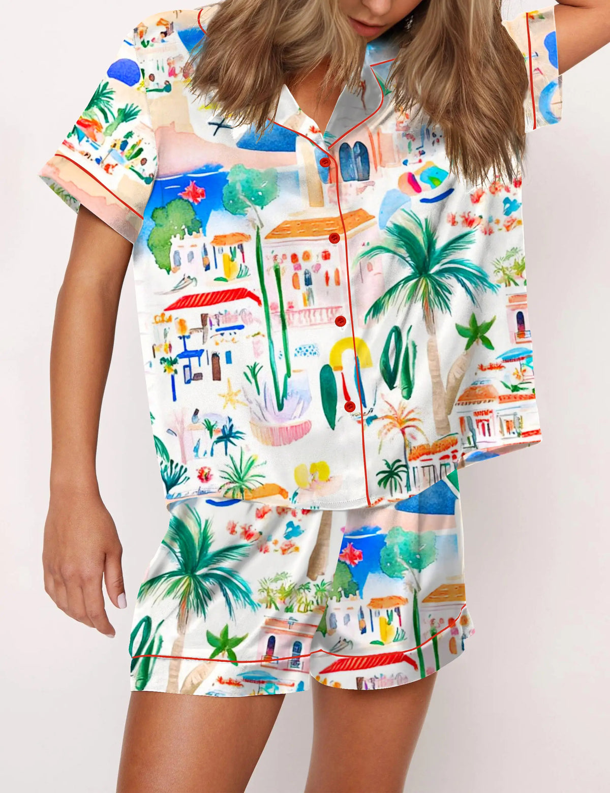 Italian Mediterranean Beach Silky Satin Pajama Set For Women	