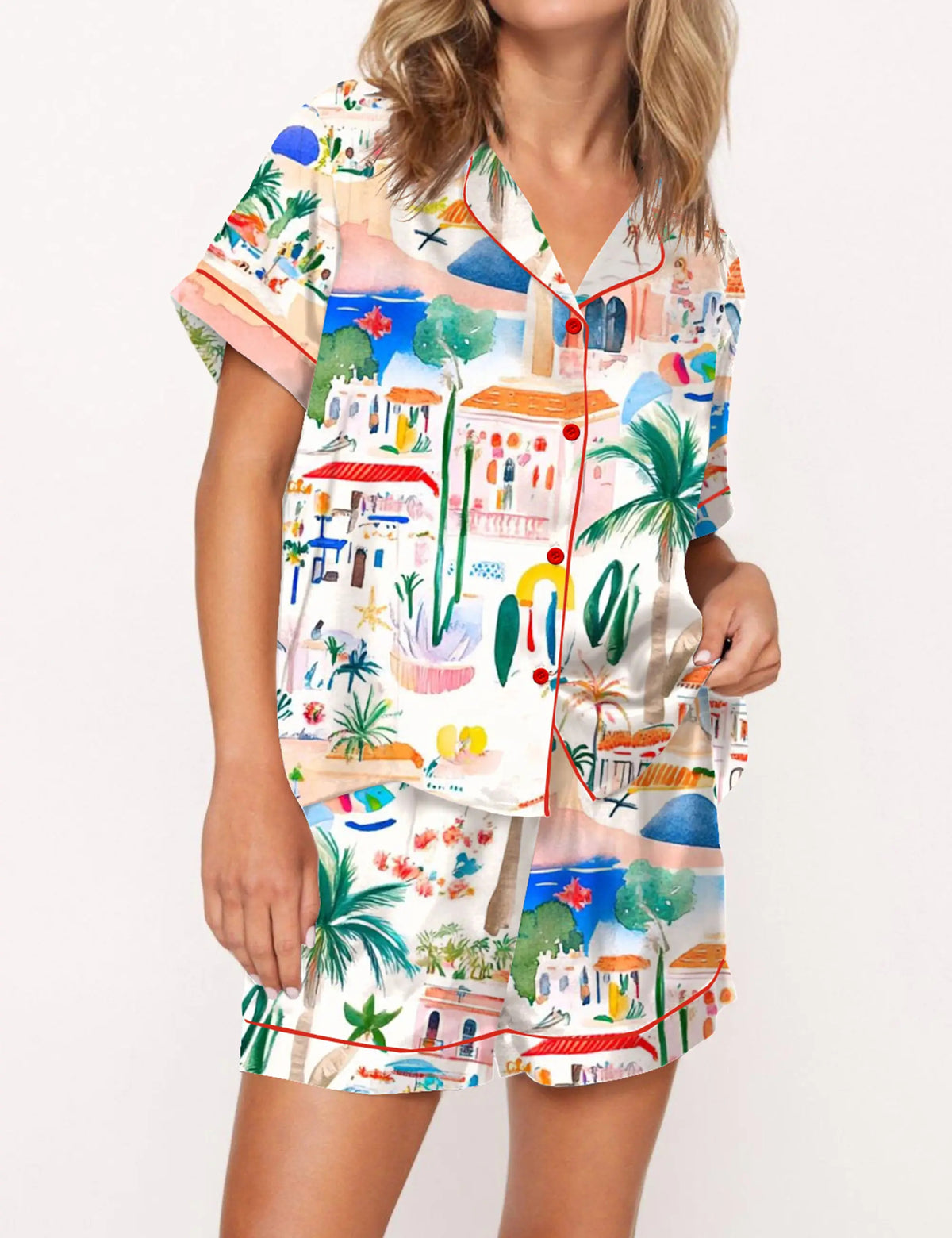 Italian Mediterranean Beach Silky Satin Pajama Set For Women	