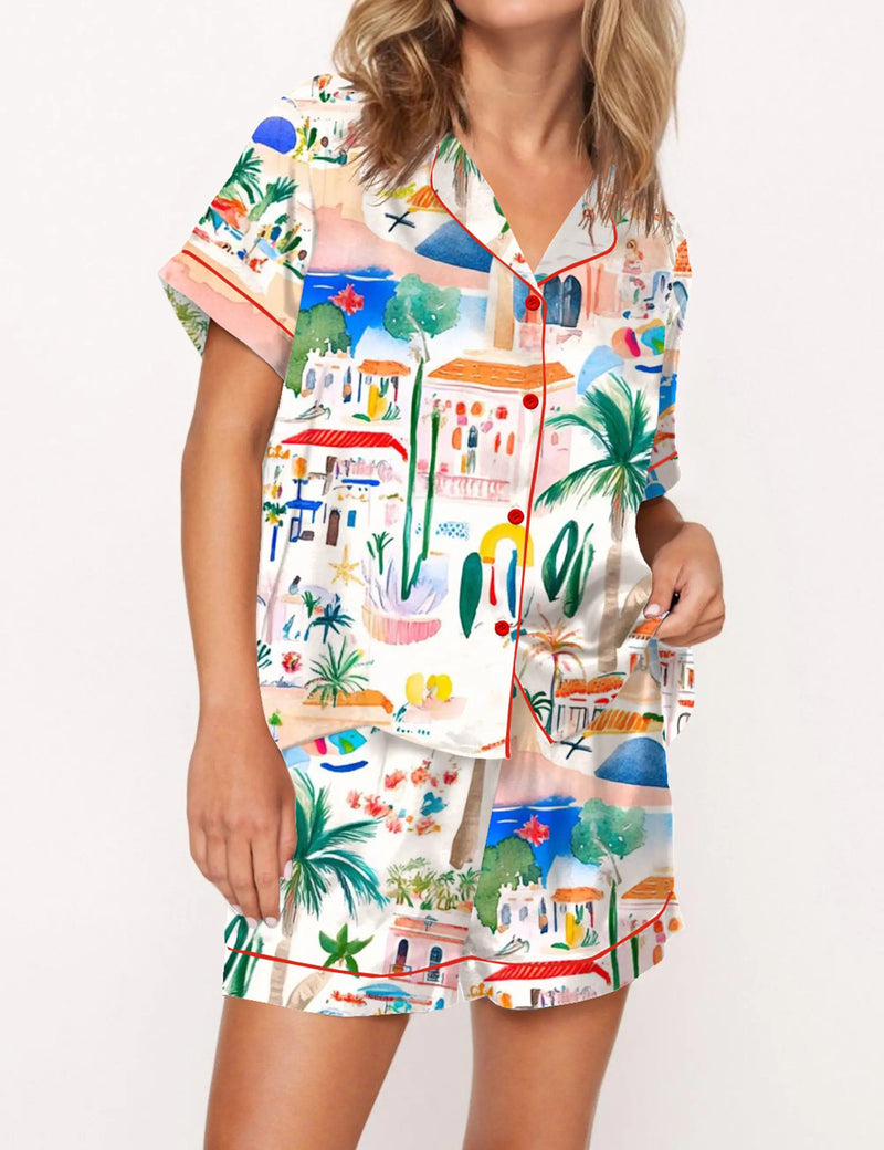 Italian Mediterranean Beach Silky Satin Pajama Set For Women	
