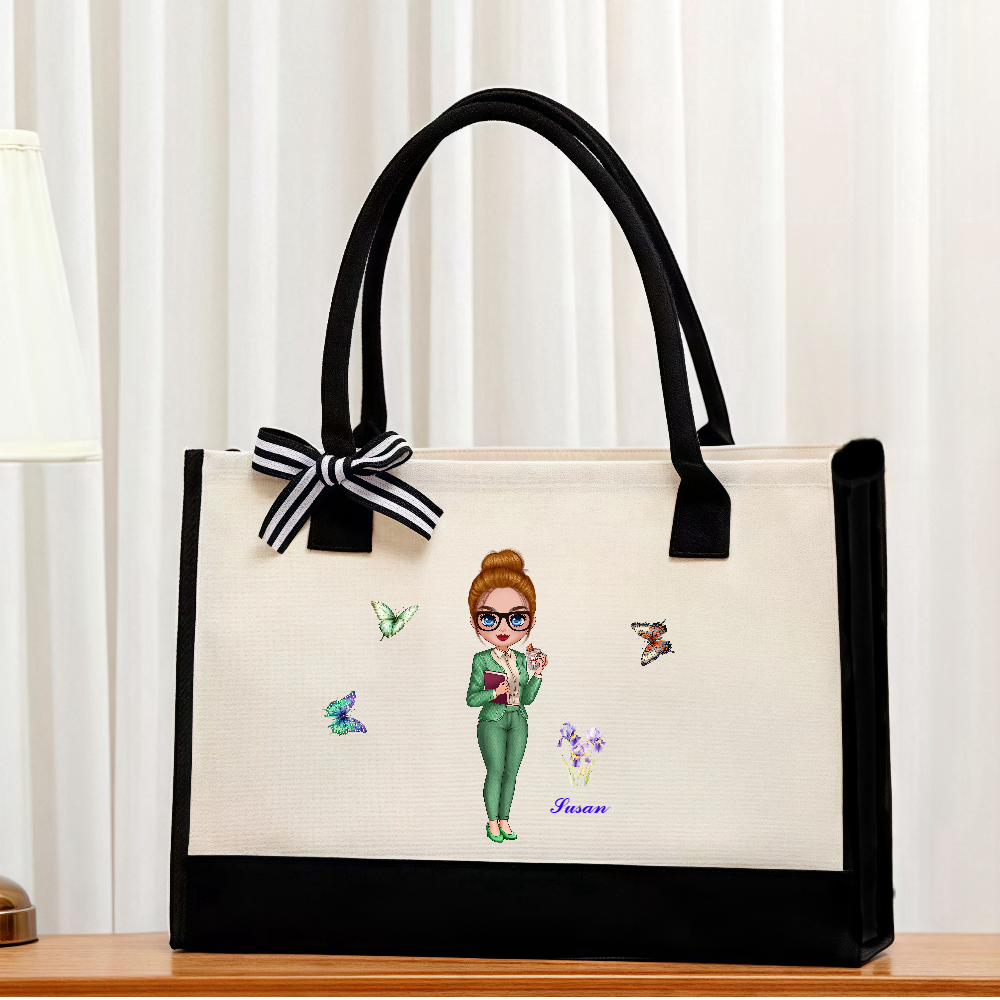 Personalized Birth Flower Bouquet Cartoon Teacher Character Reusable Large Canvas Tote Bag with Name Anniversary Gift for Women Girls