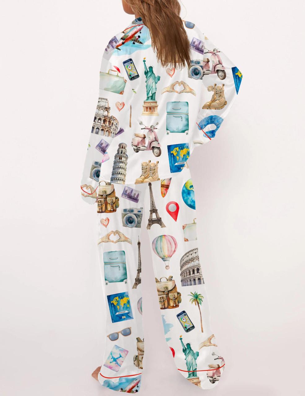 Travel Lover Satin Pajama Set For Women	