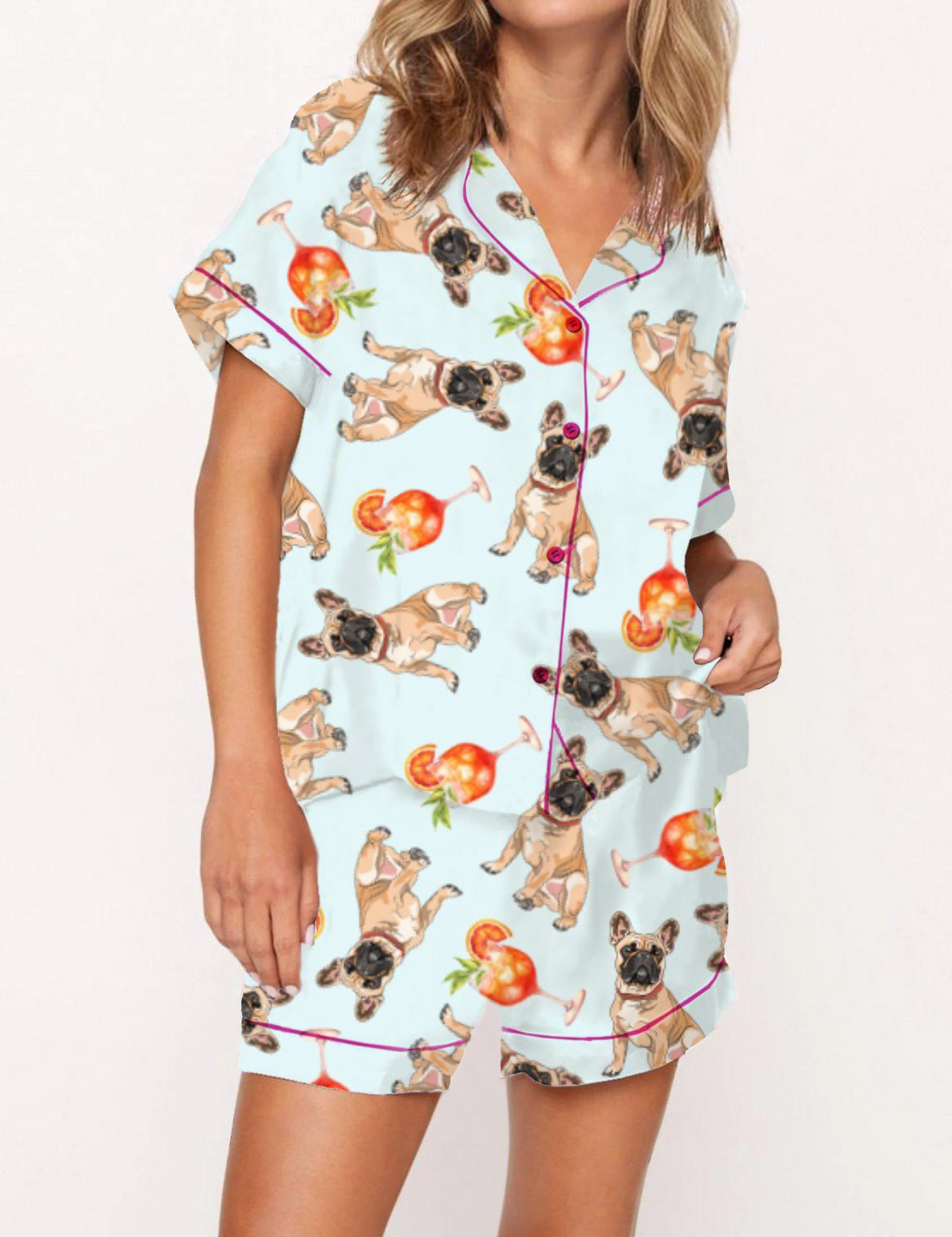 Aperol Spritz And French Dog Satin Pajama Short Set