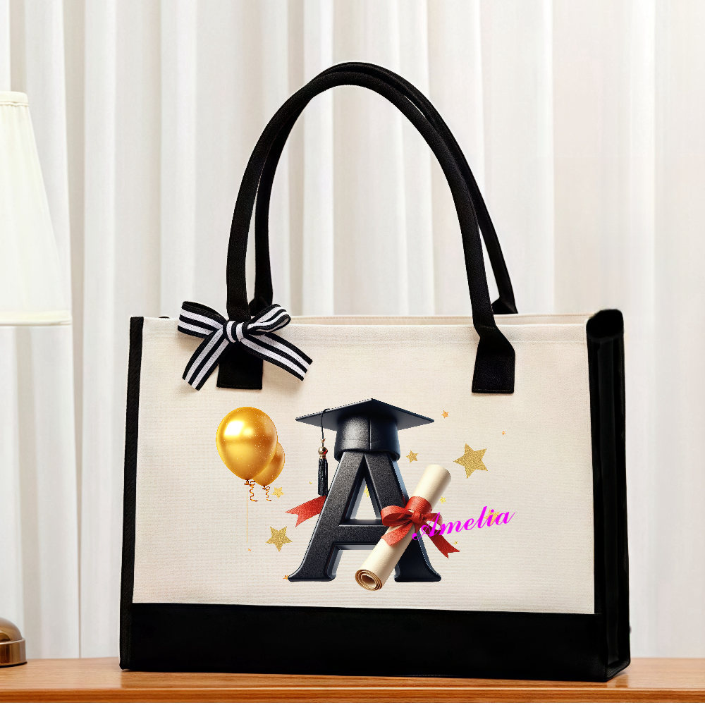 Personalized Graduation Cap Initial Large Canvas Tote Bag with Name Travel Daily Use Graduation Gift for Graduate Friend