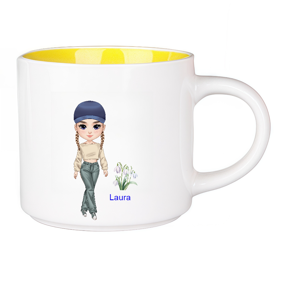 Personalized Cartoon Chibi Girl Coffee Cup Cartoon Ceramic Mug With Birth Flower and Name Birthday Gift for Women